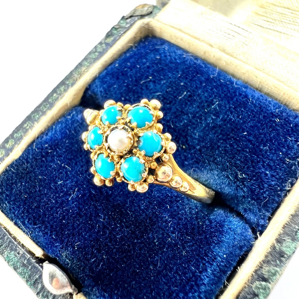 Victorian 18CT Gold Turquoise Pearl Flower Cluster Ring View IV