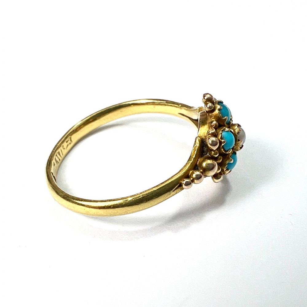 Victorian 18CT Gold Turquoise Pearl Flower Cluster Ring View VI