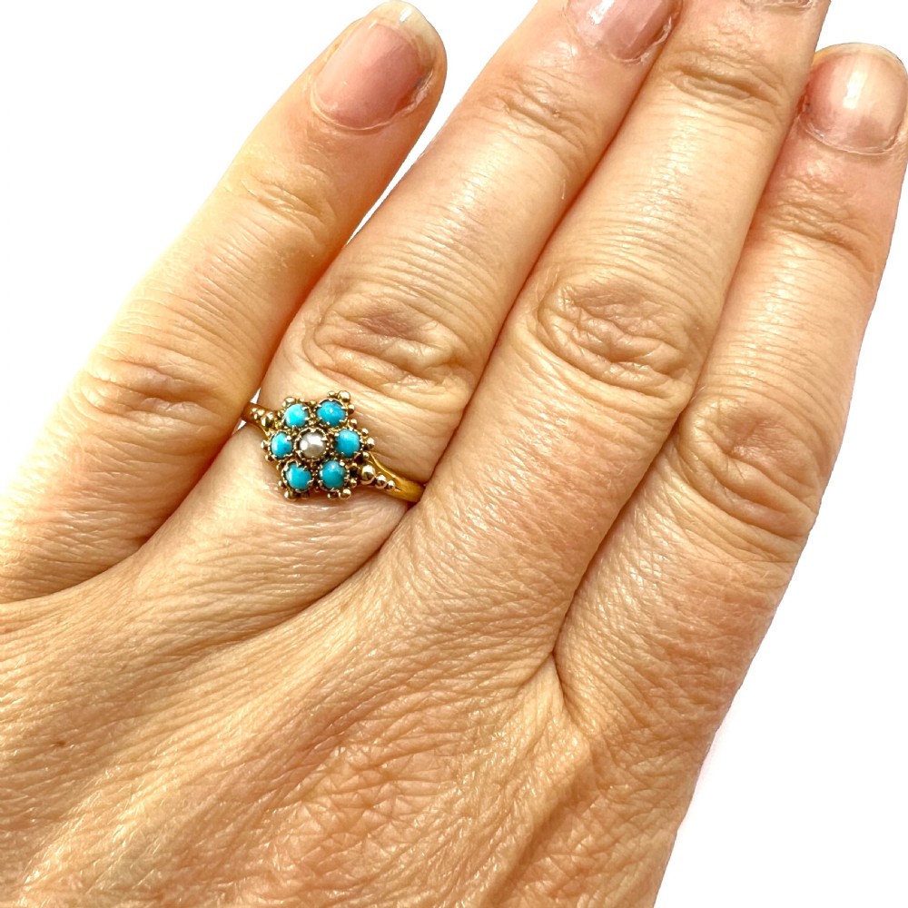 Victorian 18CT Gold Turquoise Pearl Flower Cluster Ring View VII