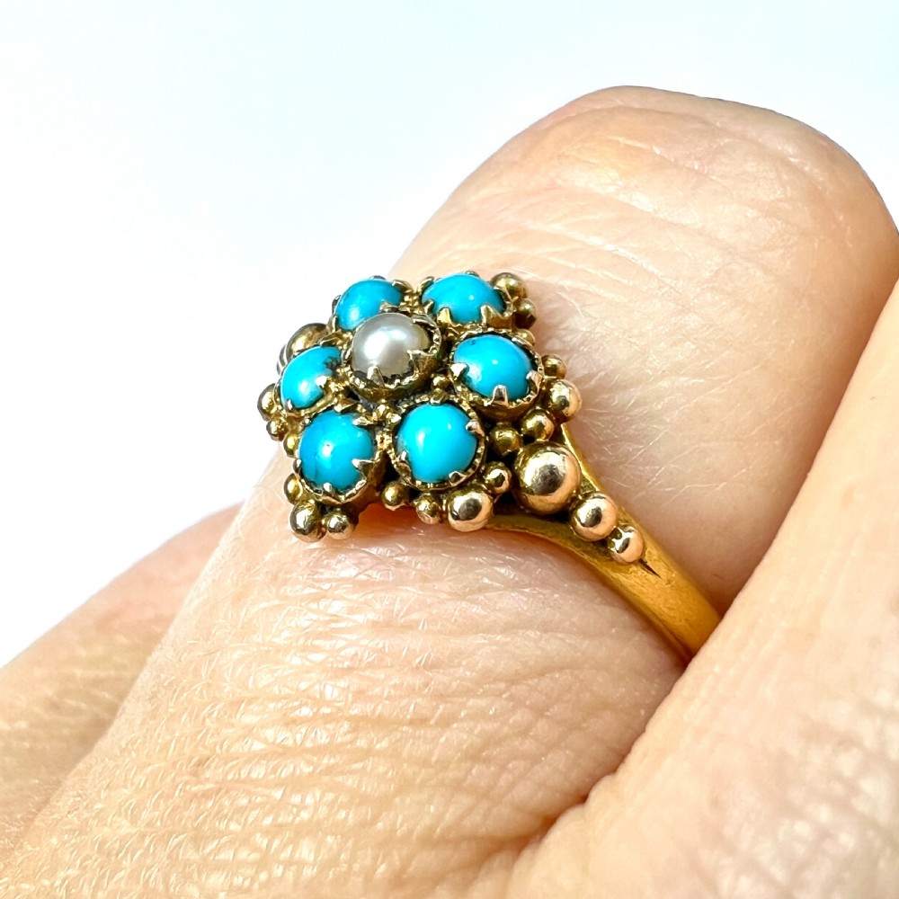 Victorian 18CT Gold Turquoise Pearl Flower Cluster Ring View VIII