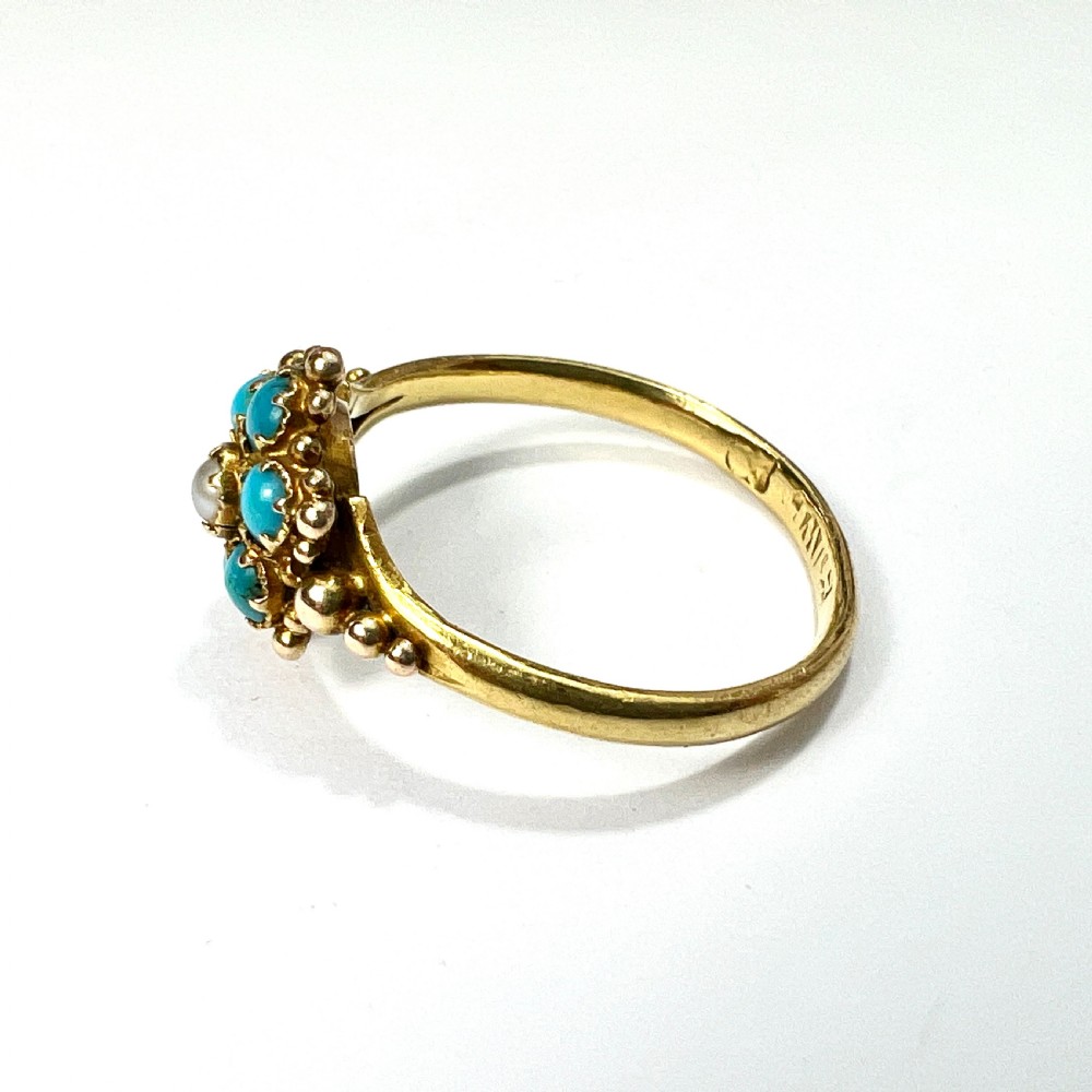 Victorian 18CT Gold Turquoise Pearl Flower Cluster Ring View IX