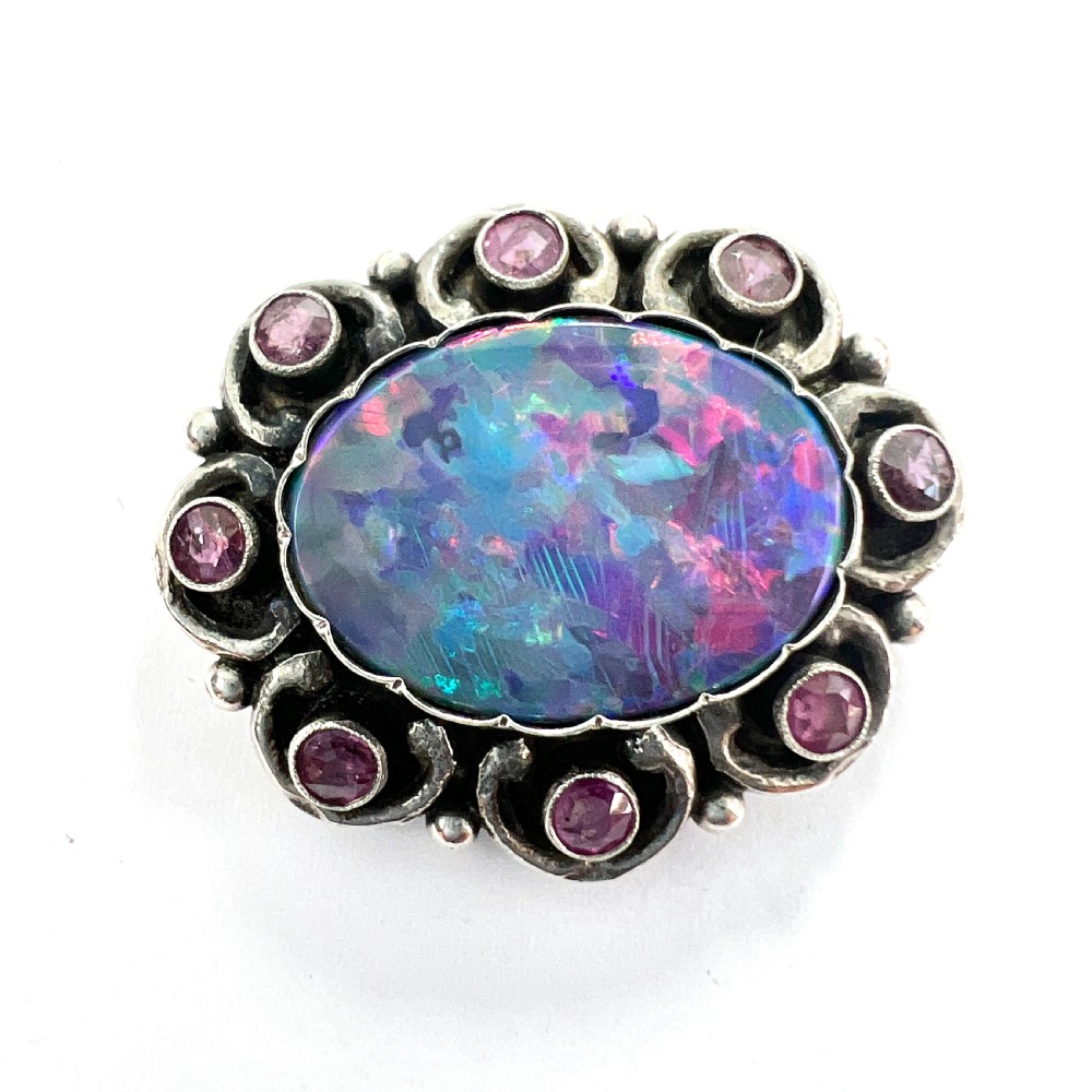 Vintage Silver Ruby and Opal Triplet Brooch
