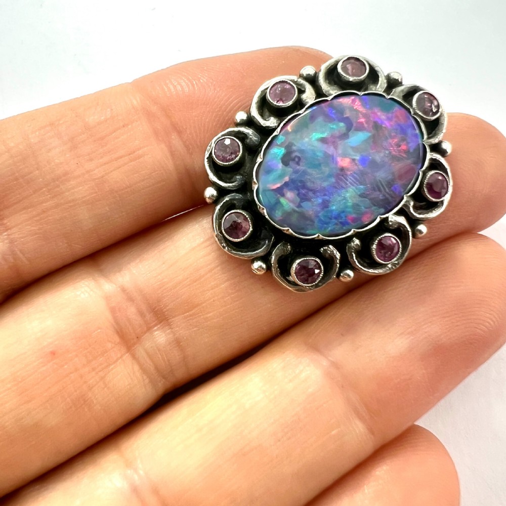 Vintage Silver Ruby and Opal Triplet Brooch View VI