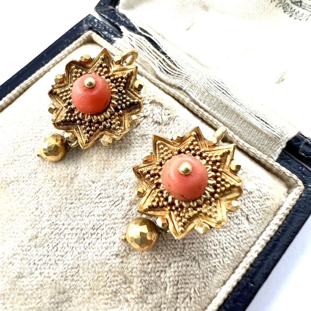 Victorian Coral 18CT Gold Etruscan Revival Earrings