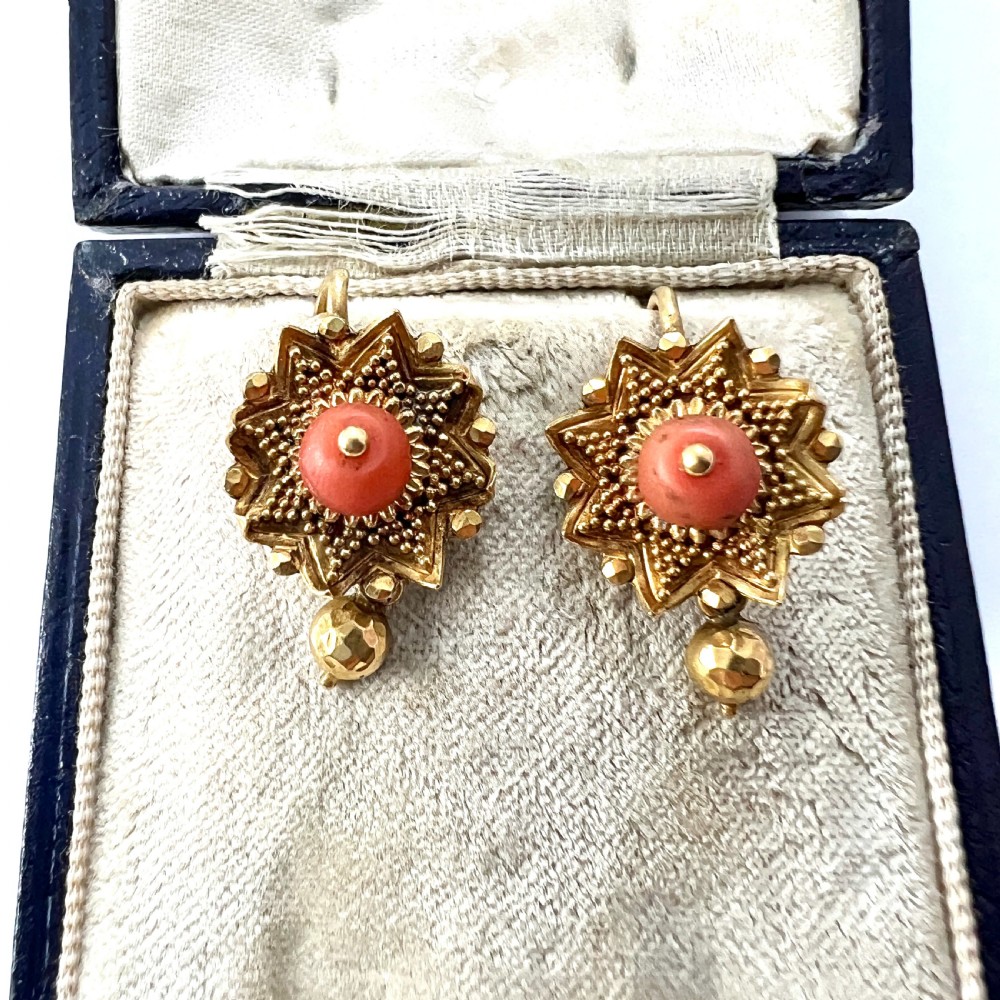 Victorian Coral 18CT Gold Etruscan Revival Earrings View II