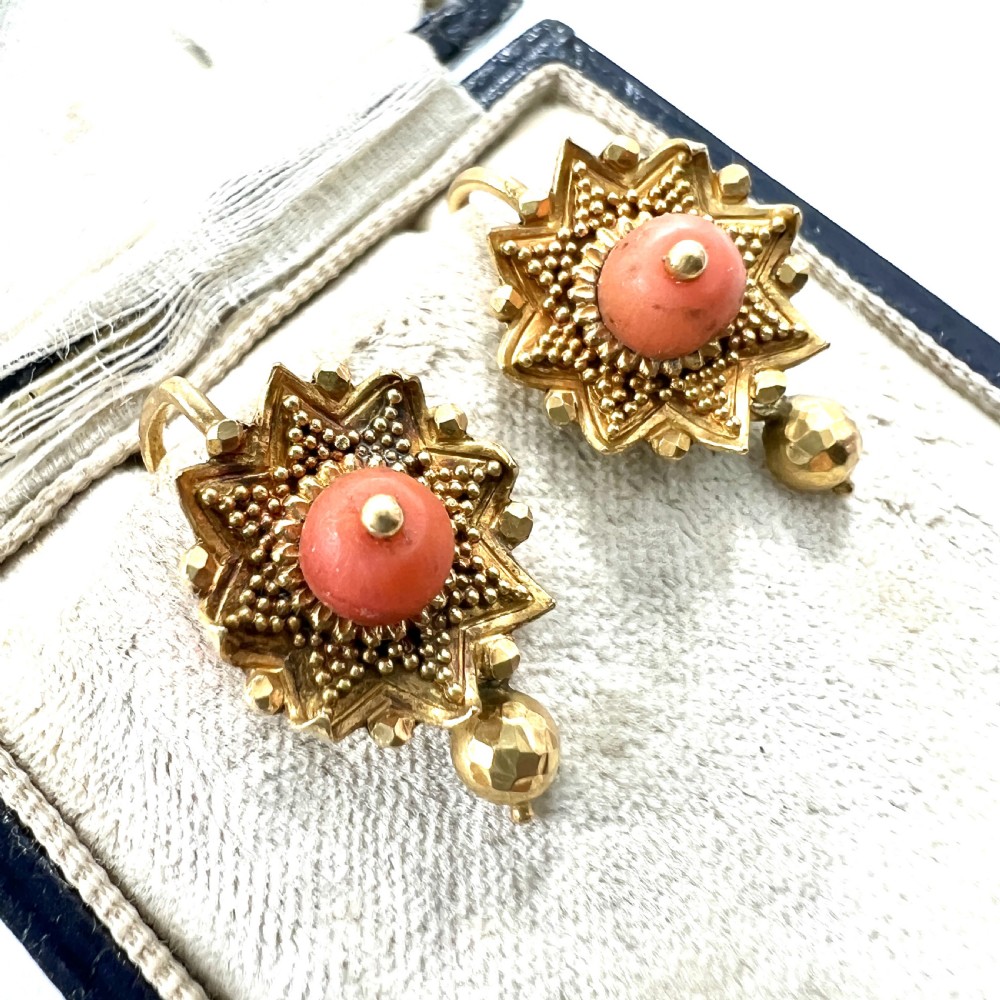 Victorian Coral 18CT Gold Etruscan Revival Earrings View III