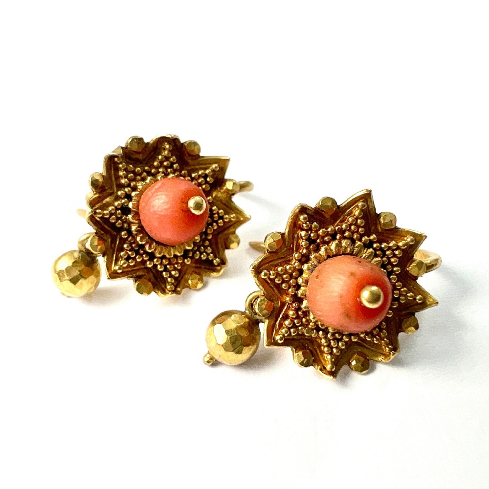 Victorian Coral 18CT Gold Etruscan Revival Earrings View IV