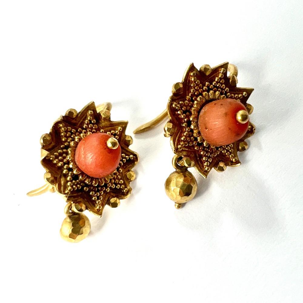 Victorian Coral 18CT Gold Etruscan Revival Earrings View V