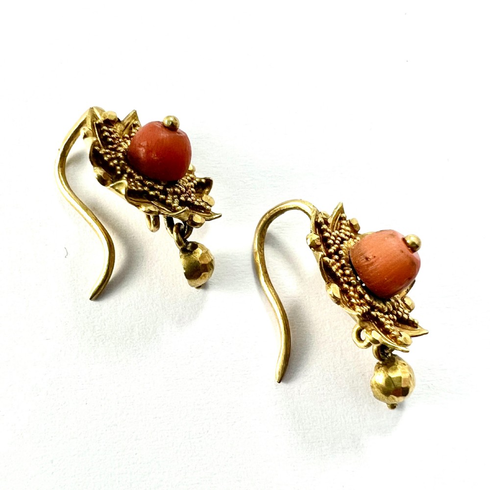 Victorian Coral 18CT Gold Etruscan Revival Earrings View VI