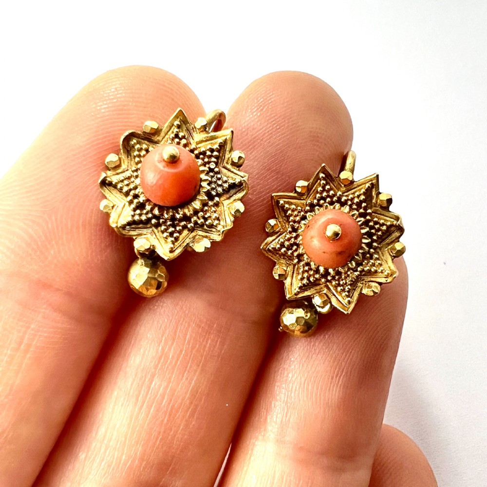 Victorian Coral 18CT Gold Etruscan Revival Earrings View IX