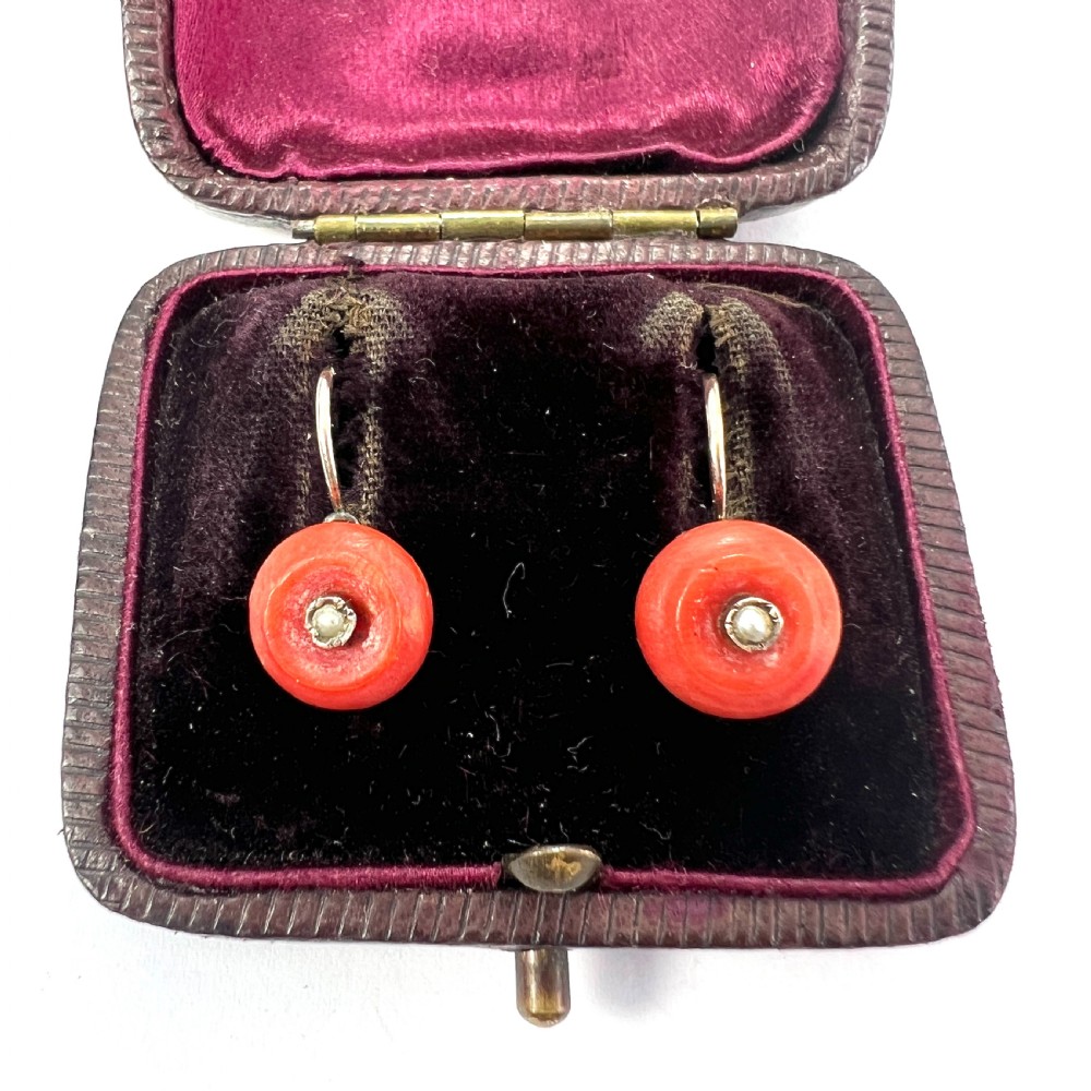 Victorian Coral and Pearl 9CT Gold Dormeuses Earrings