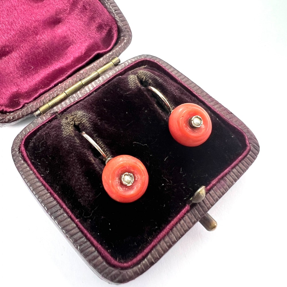 Victorian Coral and Pearl 9CT Gold Dormeuses Earrings View II
