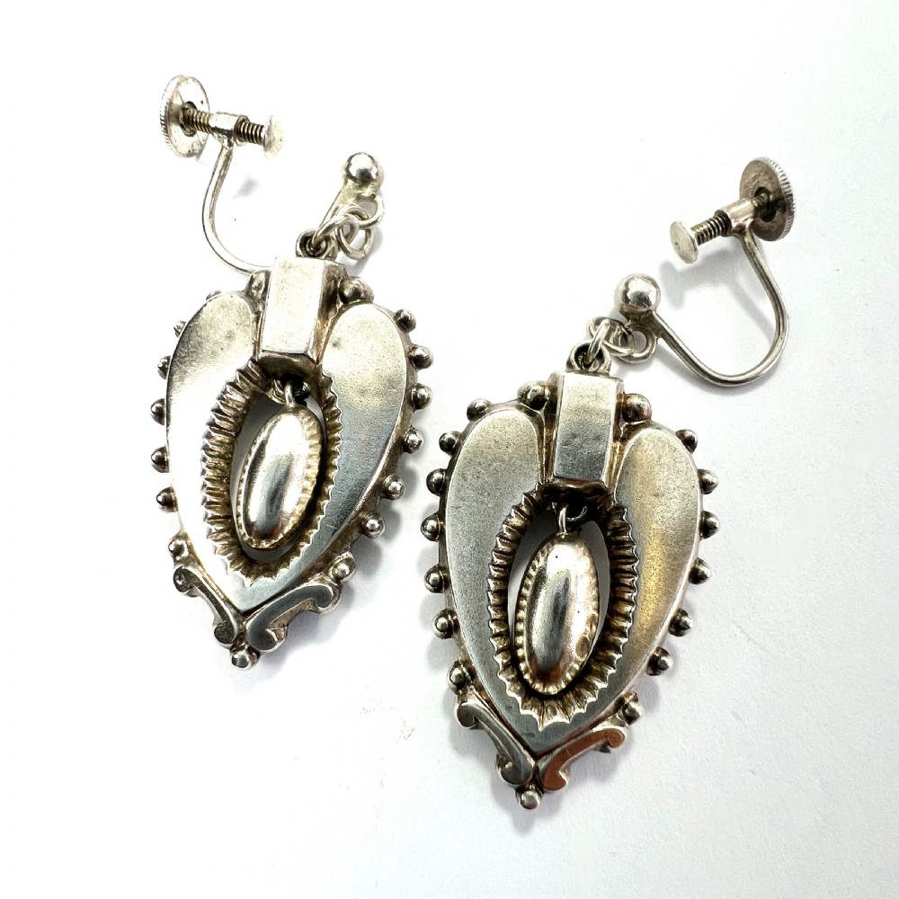 Victorian Silver Heart Dangle Earrings View II