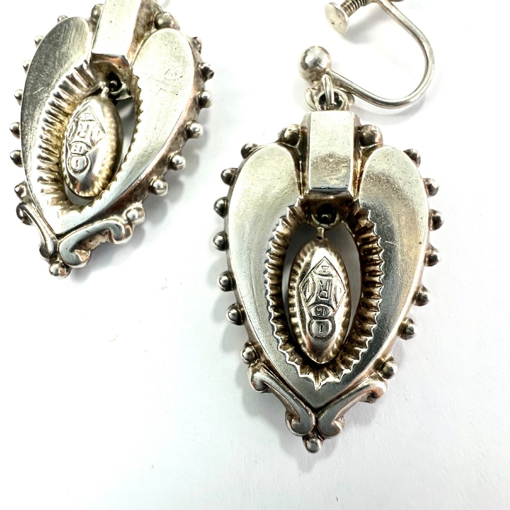 Victorian Silver Heart Dangle Earrings View III