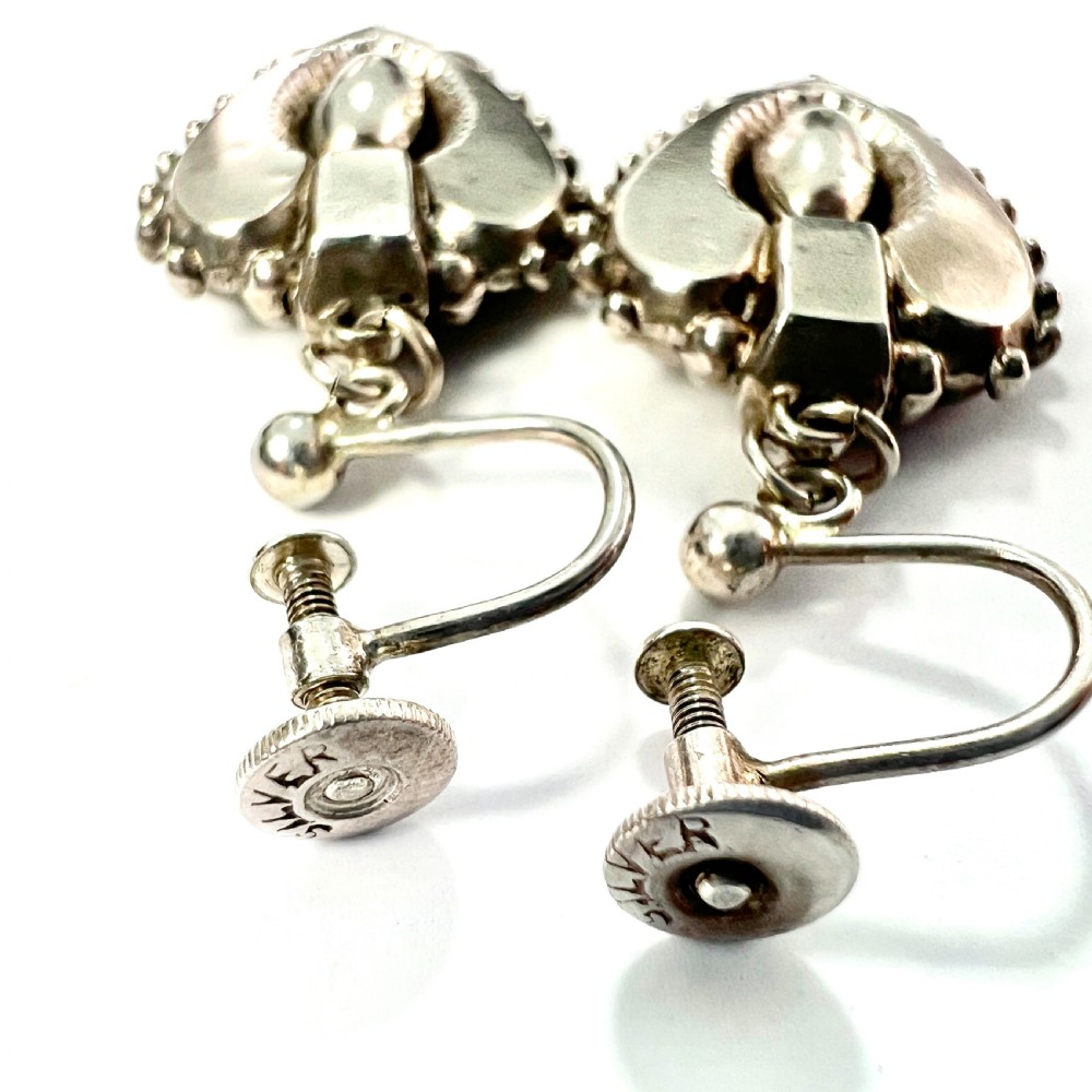 Victorian Silver Heart Dangle Earrings View VI