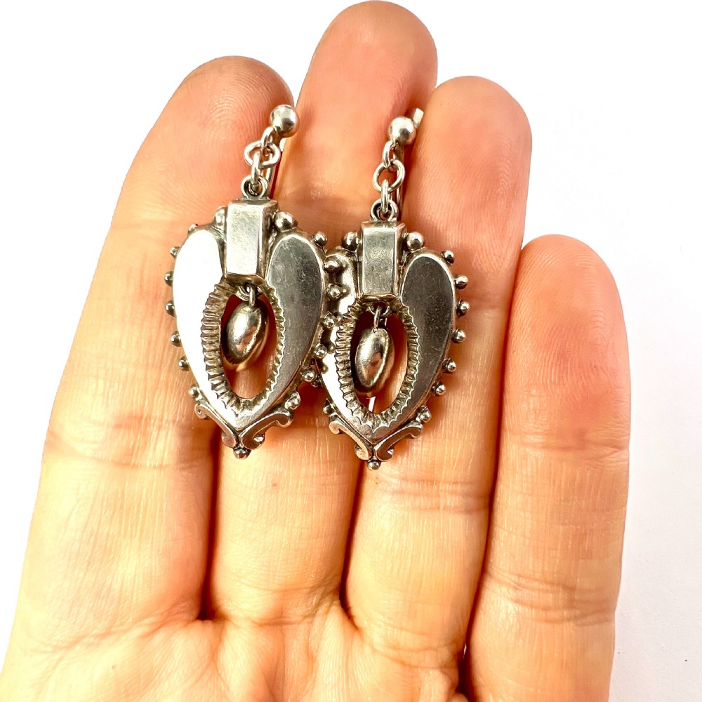 Victorian Silver Heart Dangle Earrings View VII