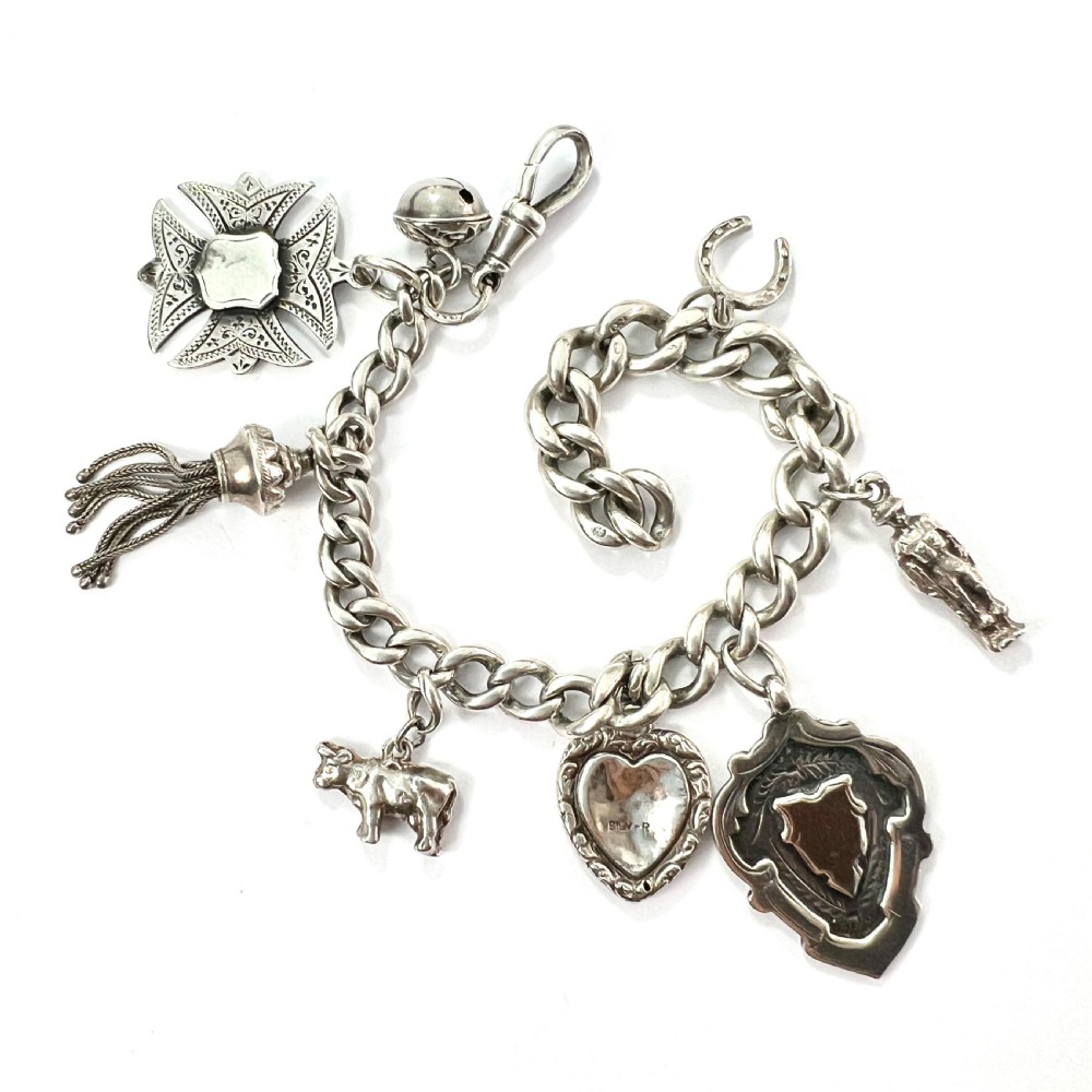Victorian Silver Curb Chain Bracelet with 8 Charms 