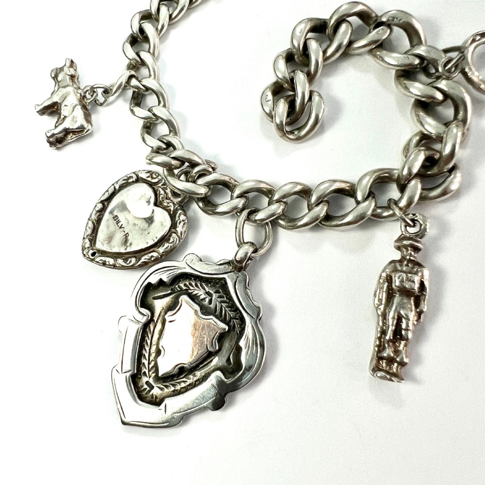 Victorian Silver Curb Chain Bracelet with 8 Charms  View II