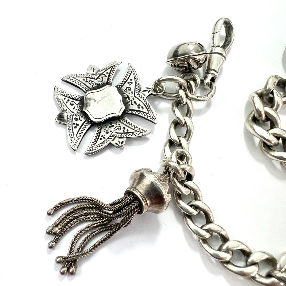 Victorian Silver Curb Chain Bracelet with 8 Charms  View III