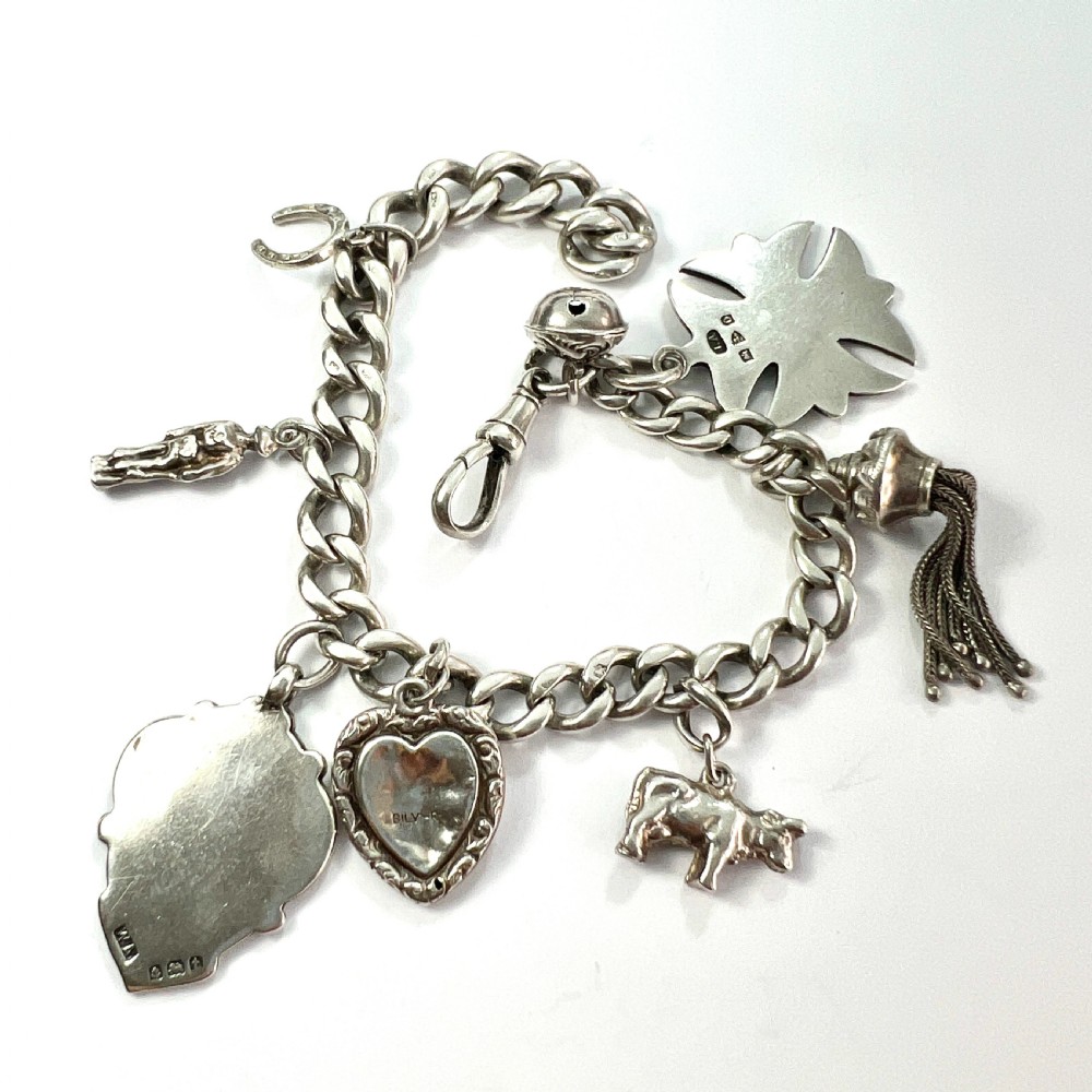 Victorian Silver Curb Chain Bracelet with 8 Charms  View IV