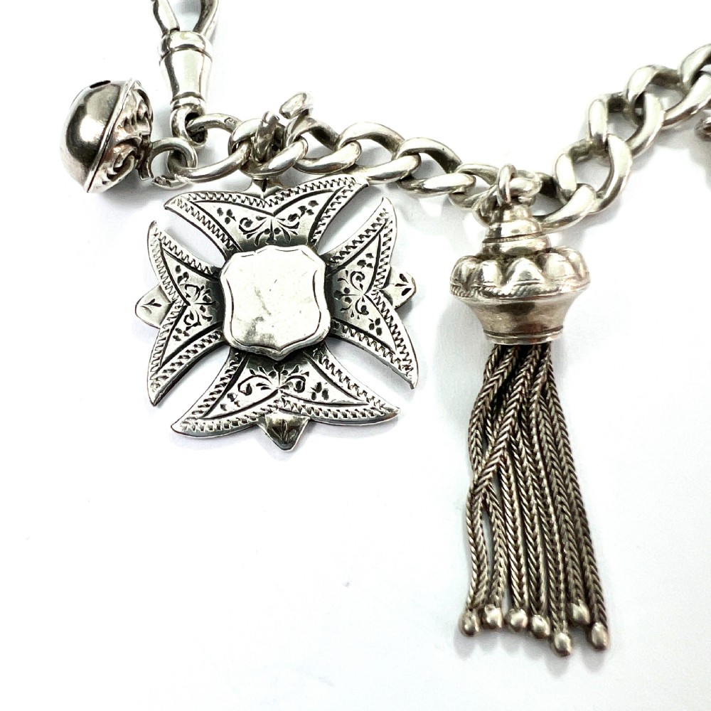 Victorian Silver Curb Chain Bracelet with 8 Charms  View V