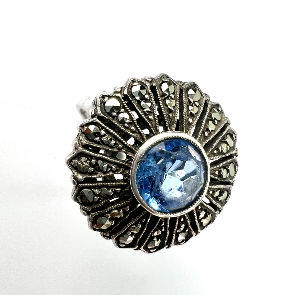 Vintage French Silver Paste Marcasite Flower Ring View II
