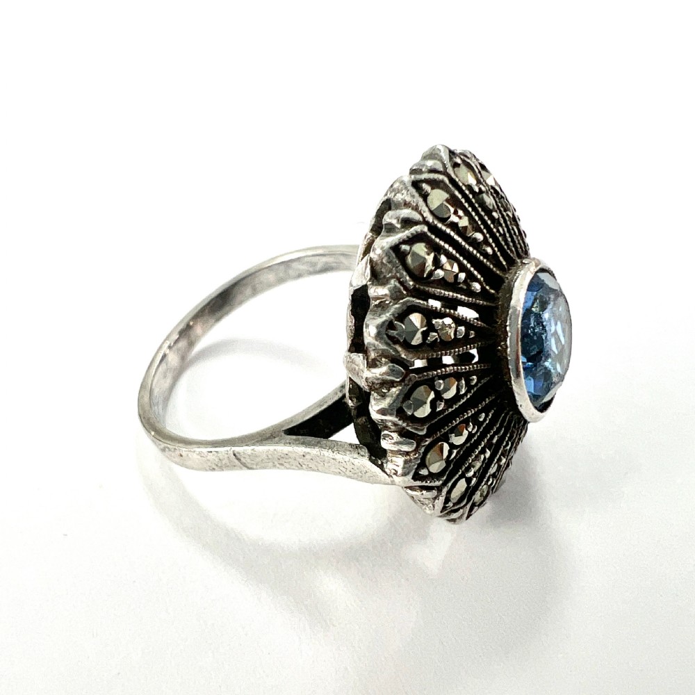 Vintage French Silver Paste Marcasite Flower Ring View III
