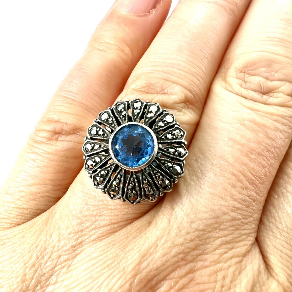 Vintage French Silver Paste Marcasite Flower Ring View V