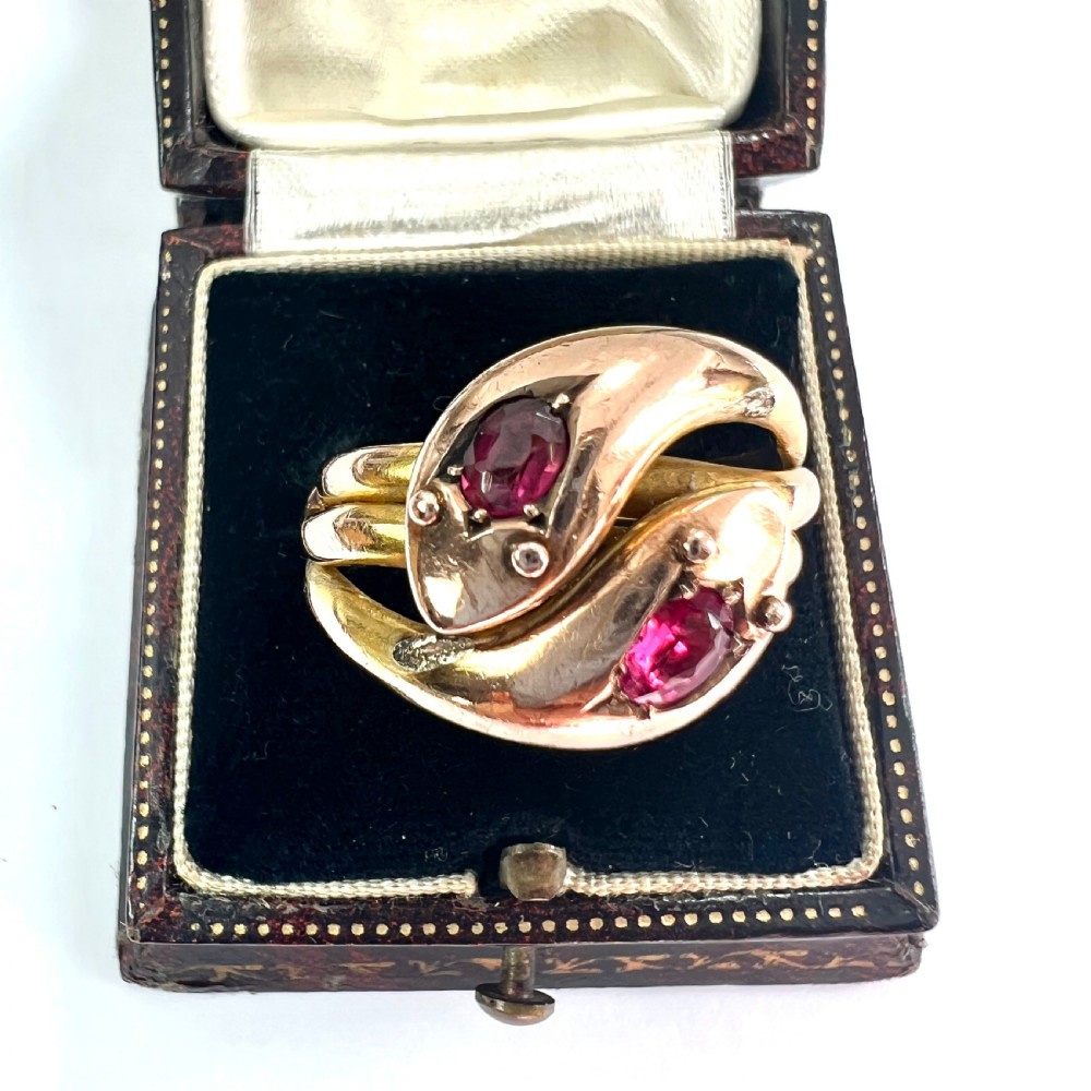 Edwardian 1906 Gold and Garnet Double Coiled Snake Ring