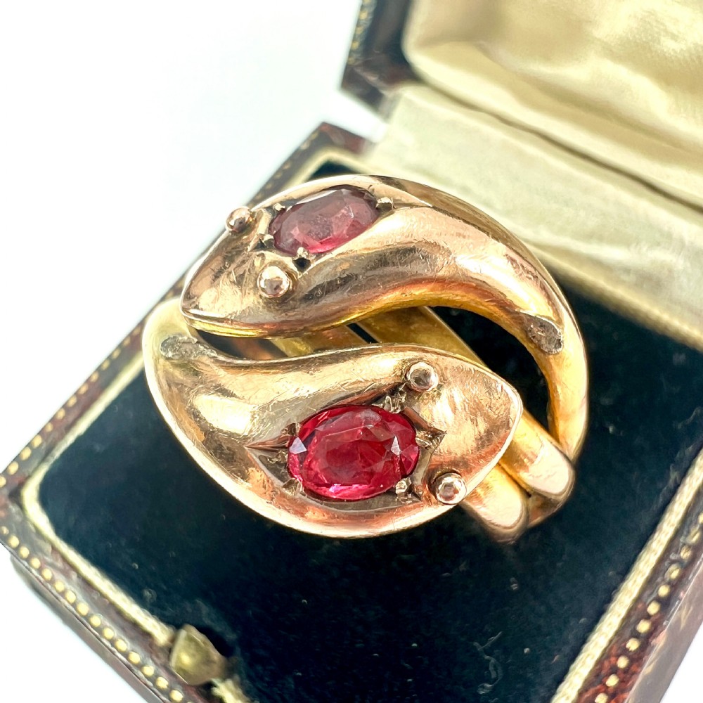 Edwardian 1906 Gold and Garnet Double Coiled Snake Ring View II