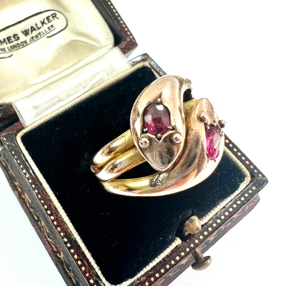 Edwardian 1906 Gold and Garnet Double Coiled Snake Ring View III