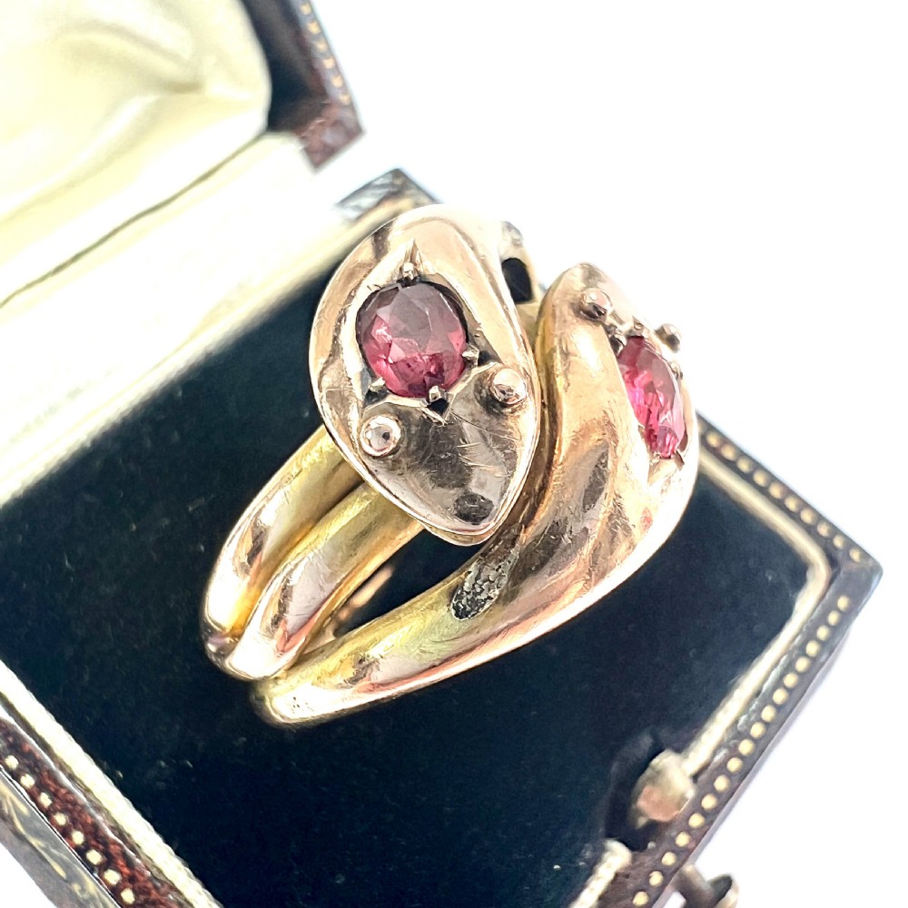 Edwardian 1906 Gold and Garnet Double Coiled Snake Ring View IV