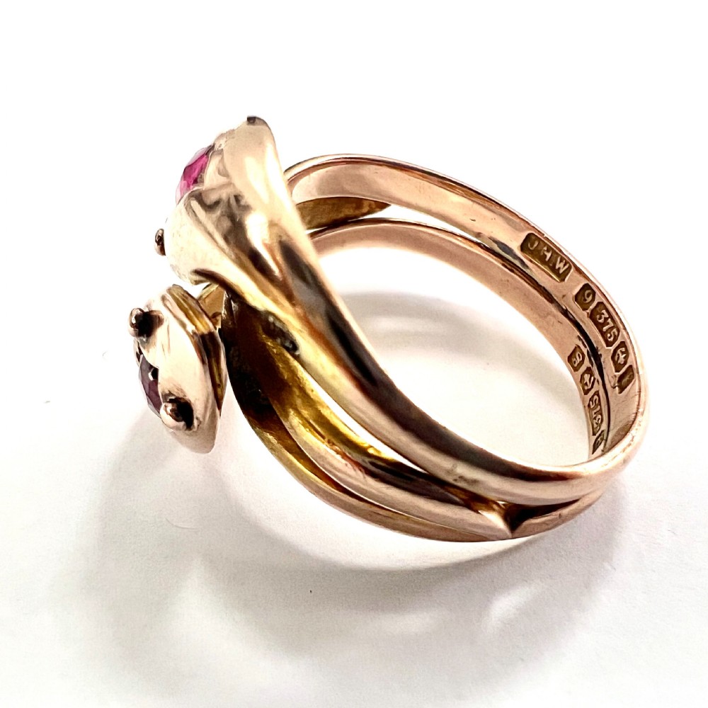 Edwardian 1906 Gold and Garnet Double Coiled Snake Ring View V
