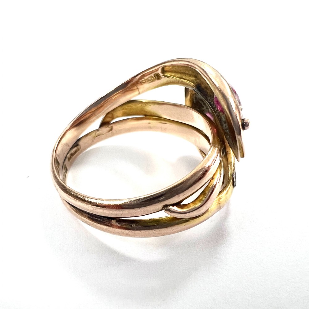 Edwardian 1906 Gold and Garnet Double Coiled Snake Ring View VI