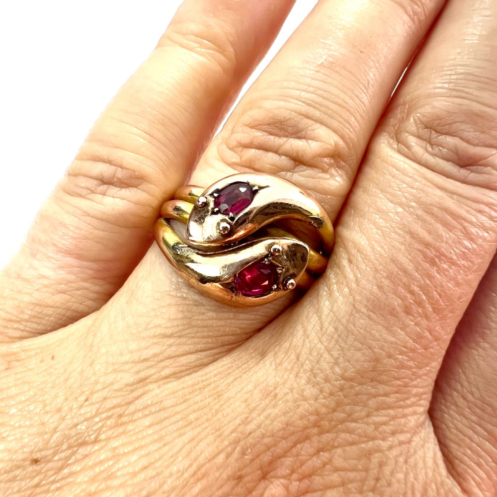 Edwardian 1906 Gold and Garnet Double Coiled Snake Ring View VII