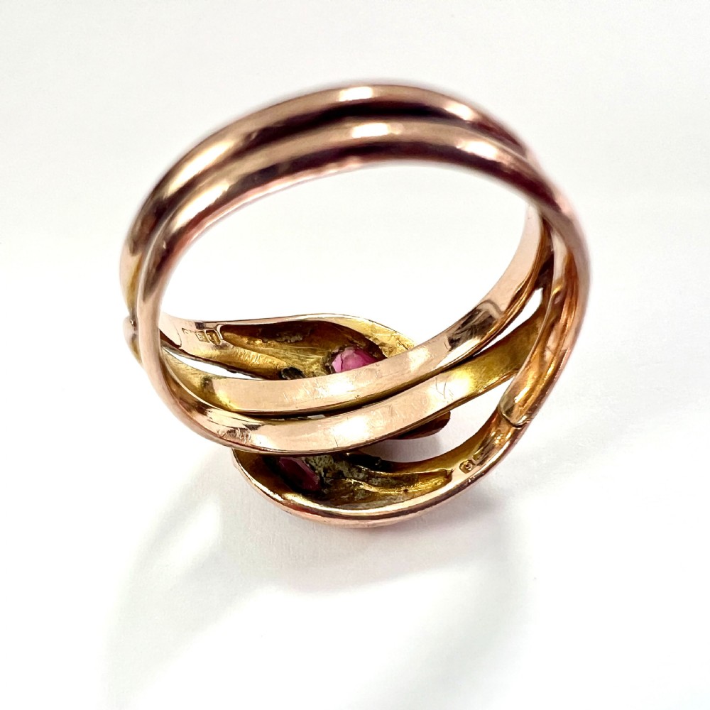 Edwardian 1906 Gold and Garnet Double Coiled Snake Ring View VIII