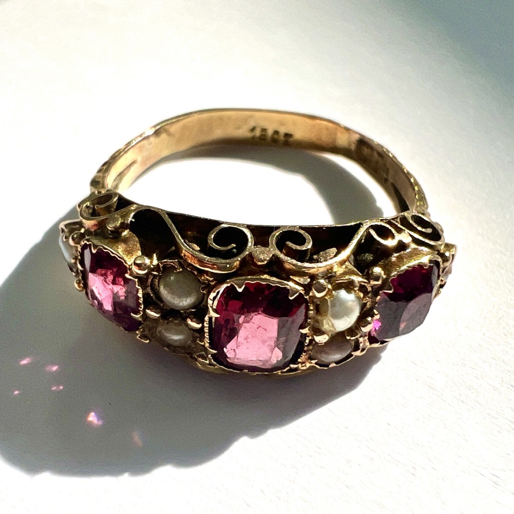 Georgian 18CT Gold Garnet and Pearl Ring  View V