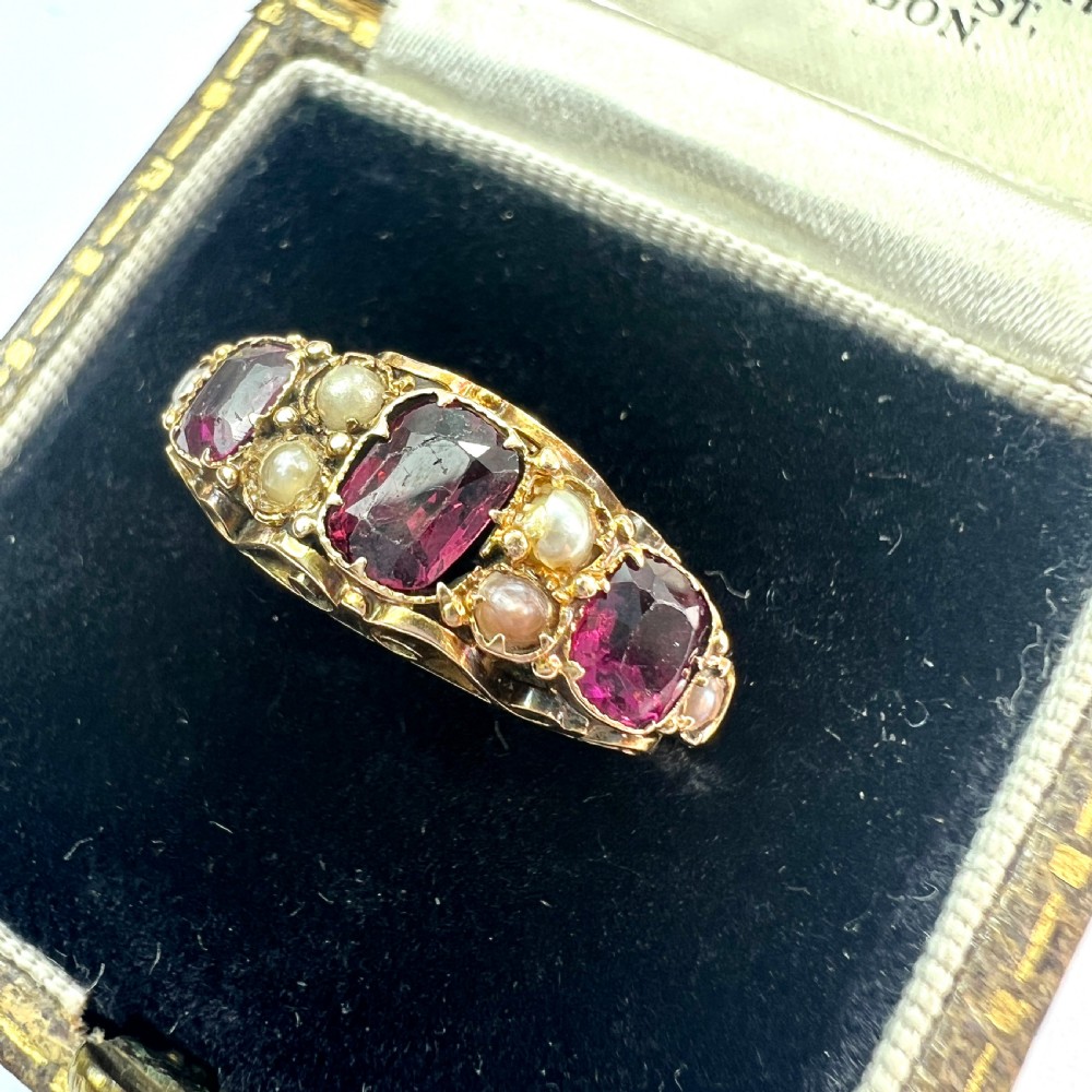 Georgian 18CT Gold Garnet and Pearl Ring  View VI