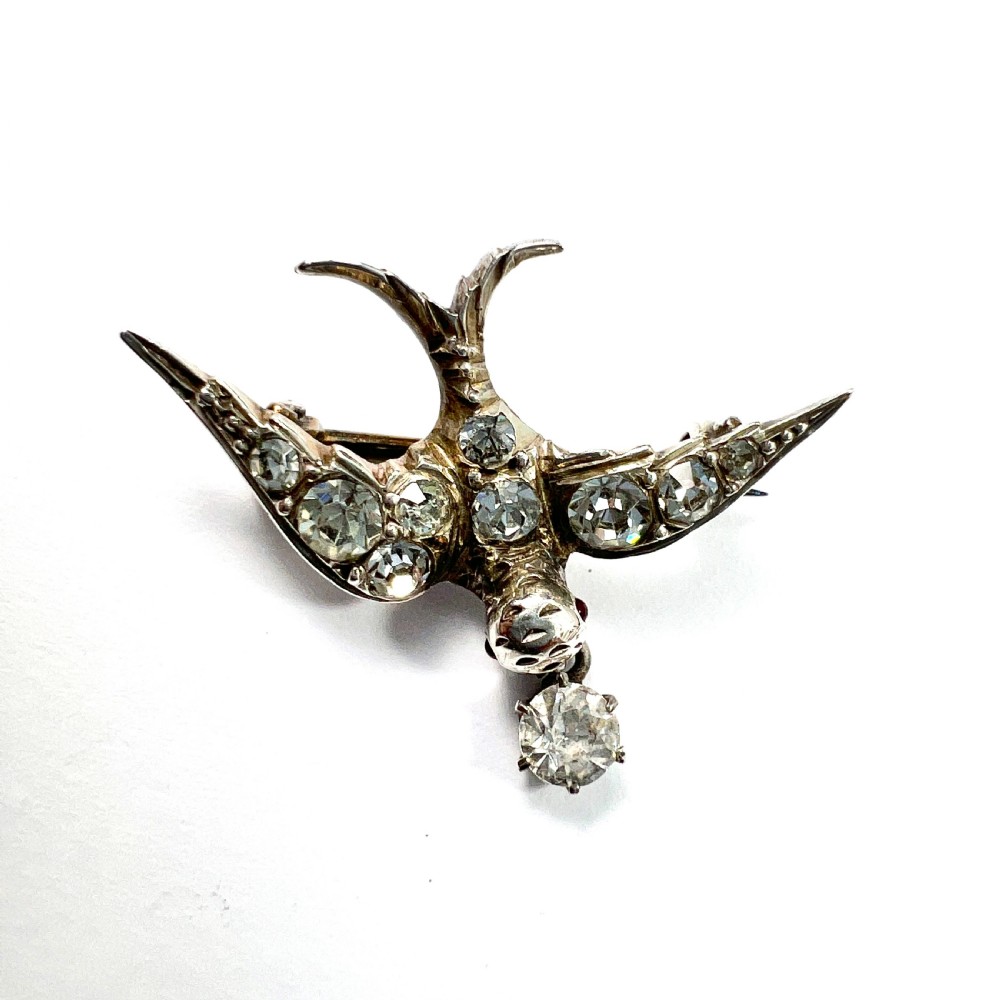 Victorian Silver Paste Swallow Bird Brooch with Dangle