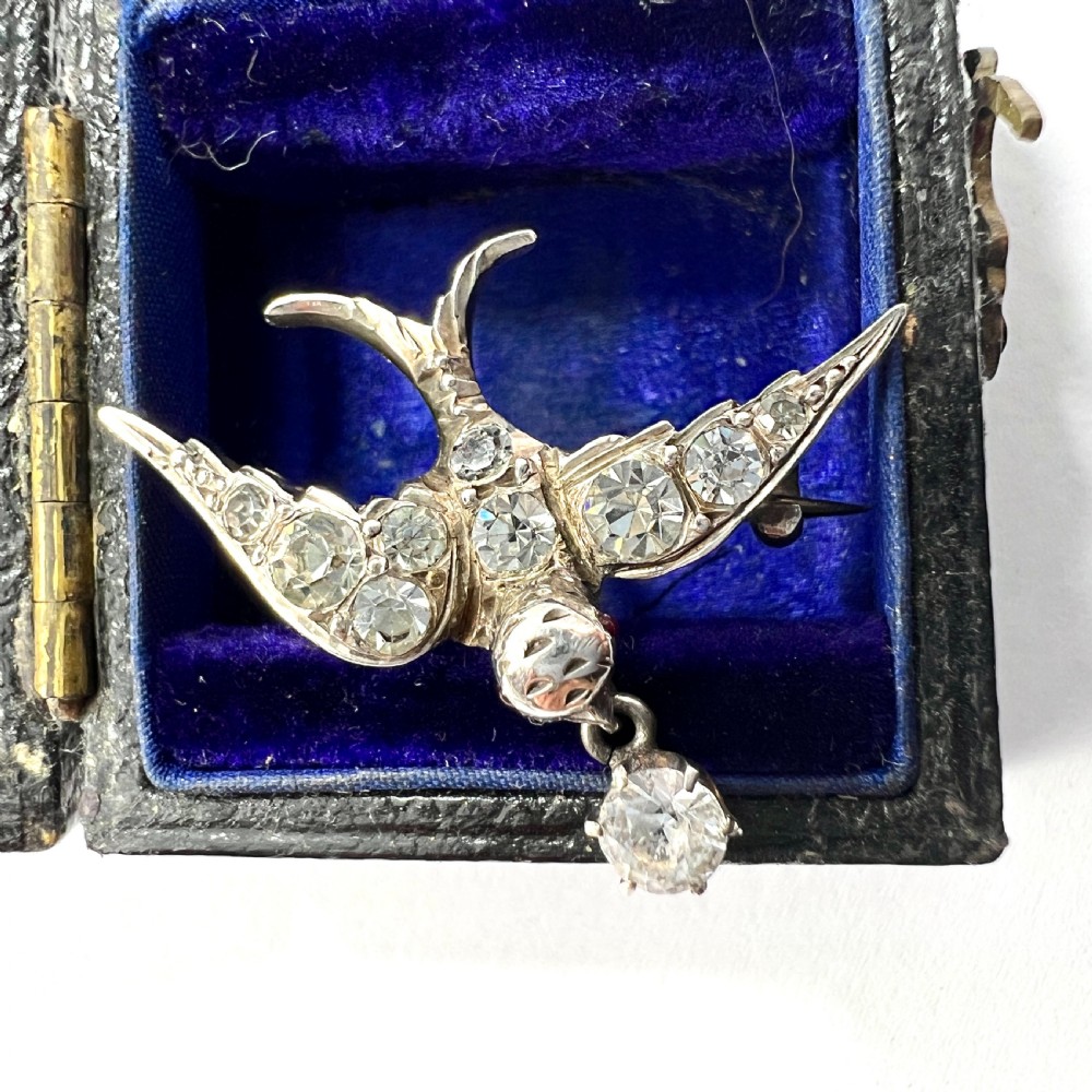 Victorian Silver Paste Swallow Bird Brooch with Dangle View II