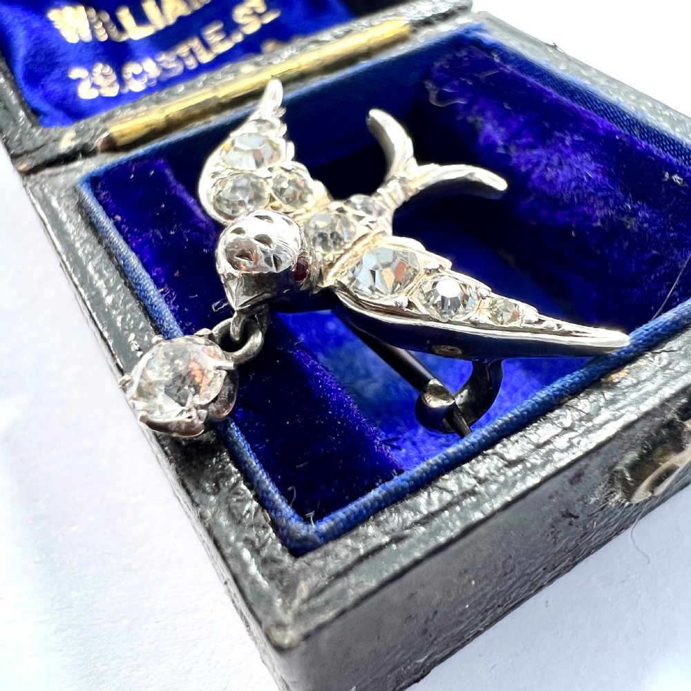 Victorian Silver Paste Swallow Bird Brooch with Dangle View III