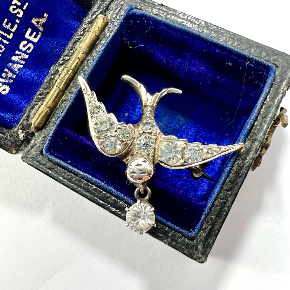 Victorian Silver Paste Swallow Bird Brooch with Dangle View IV