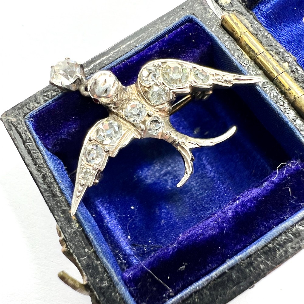 Victorian Silver Paste Swallow Bird Brooch with Dangle View V