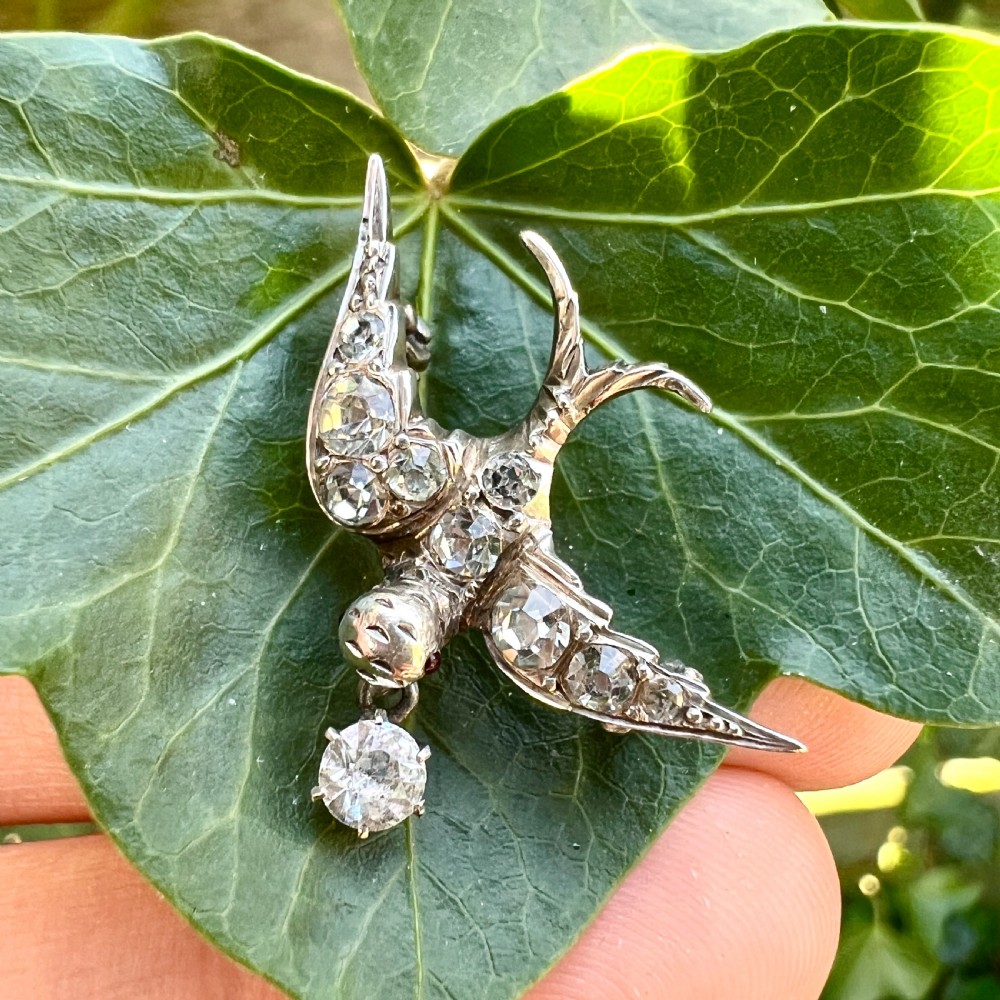 Victorian Silver Paste Swallow Bird Brooch with Dangle View VI