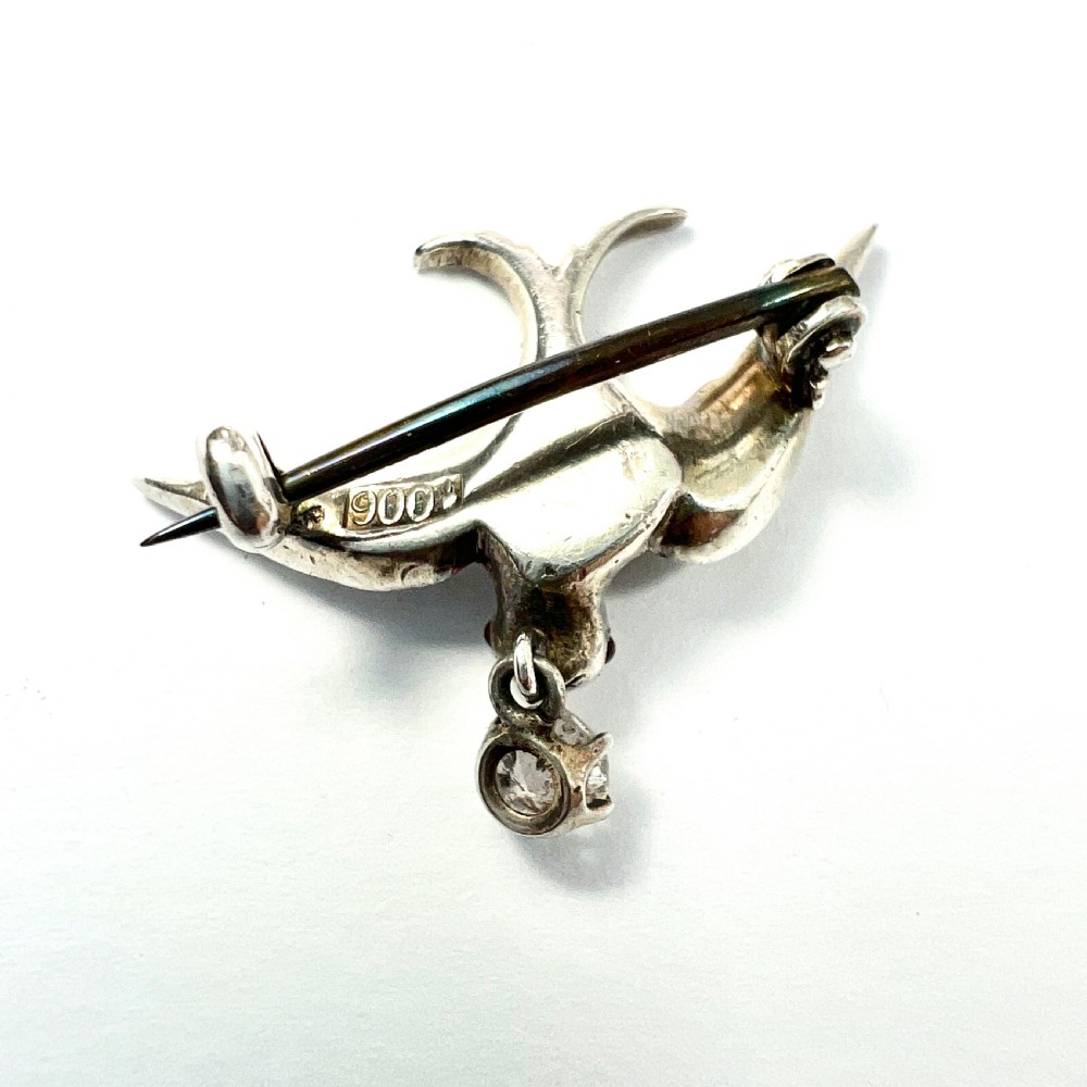Victorian Silver Paste Swallow Bird Brooch with Dangle View VII