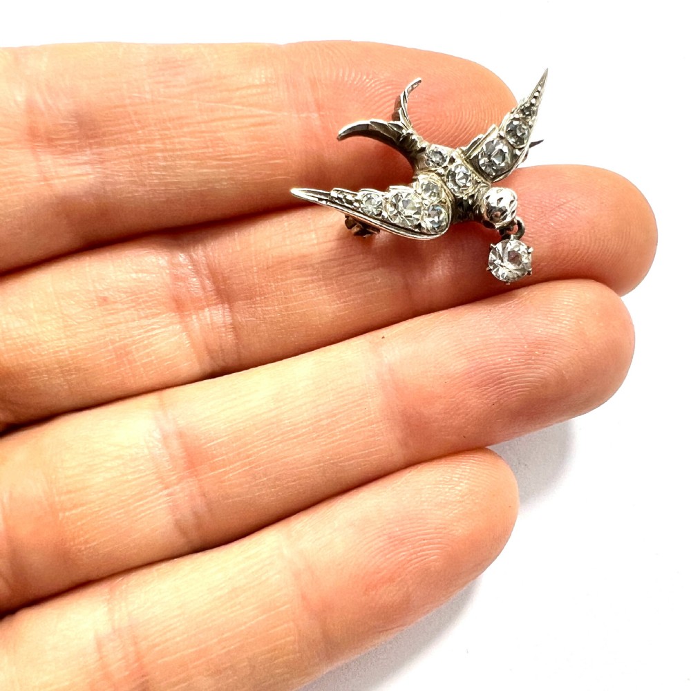 Victorian Silver Paste Swallow Bird Brooch with Dangle View IX