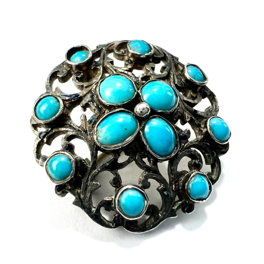 Antique Austro Hungarian Victorian Turquoise Silver Brooch View II