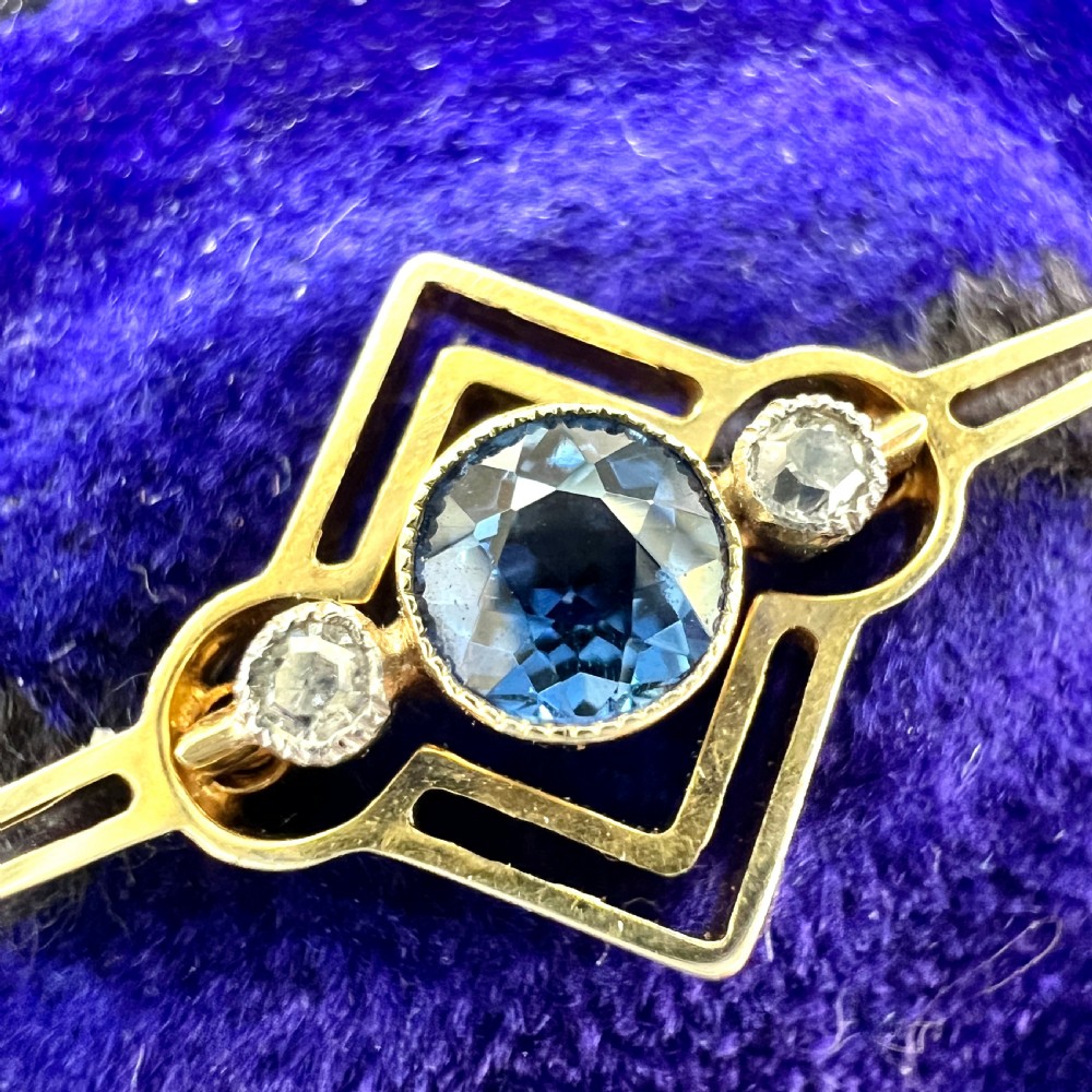 Antique 15CT Gold Sapphire and Diamond Bar Brooch View II