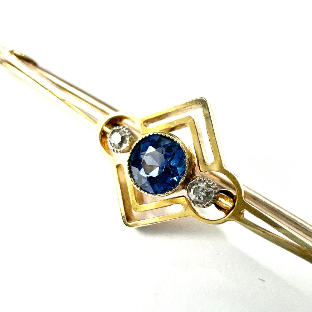 Antique 15CT Gold Sapphire and Diamond Bar Brooch View VI
