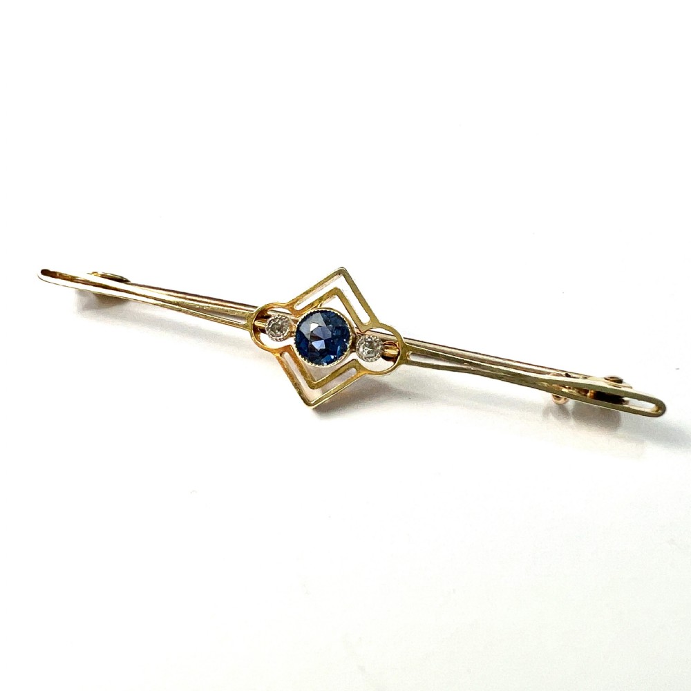 Antique 15CT Gold Sapphire and Diamond Bar Brooch View VIII